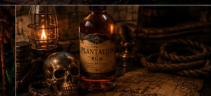 Rum bottle and nautical map on tiki bar